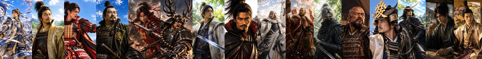 戦国武将シリーズに登場する16人の武将。中央が織田信長